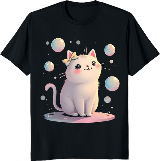 Cute Cat T-Shirt - Adorable Kitty with Bubbles Design - Kawaii Cat Lover Gift - Unisex Tee for Cat Fans