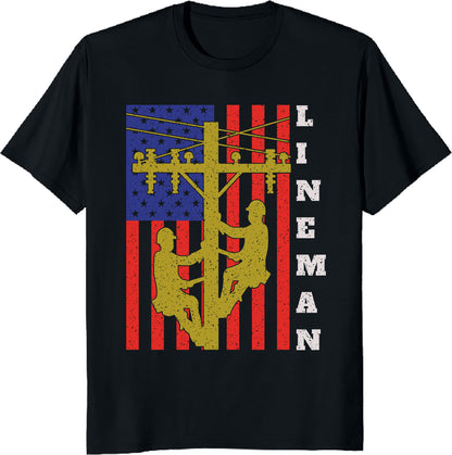 Lineman T-Shirt - Patriotic American Flag Design - Perfect Gift for Proud Linemen