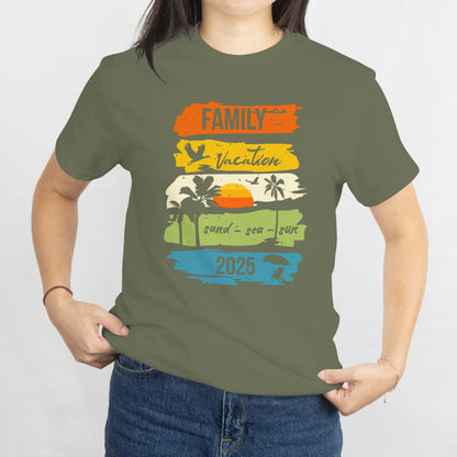 Family Vacation 2025 Unisex Tee - Sand, Sea & Sun Matching Trip Shirt