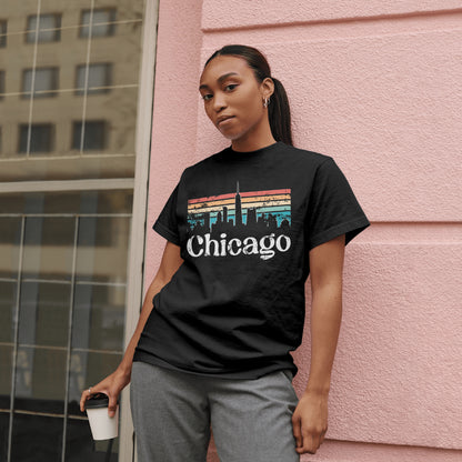 Chicago Skyline Retro Sunset Unisex Tee - Vintage Cityscape T-Shirt - Travel Gift - Printed in USA