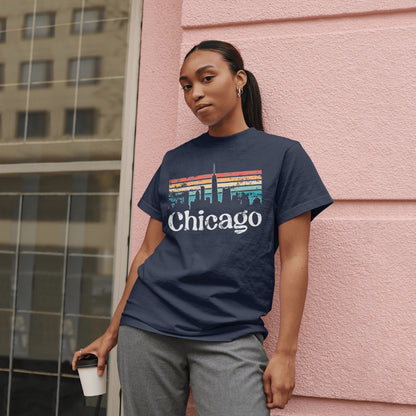 Chicago Skyline Retro Sunset Unisex Tee - Vintage Cityscape T-Shirt - Travel Gift - Printed in USA