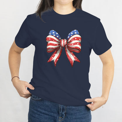 Coquette Bow 4th of July Unisex Tee – American Flag Patriotic Aesthetic Shirt