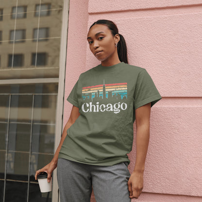 Chicago Skyline Retro Sunset Unisex Tee - Vintage Cityscape T-Shirt - Travel Gift - Printed in USA