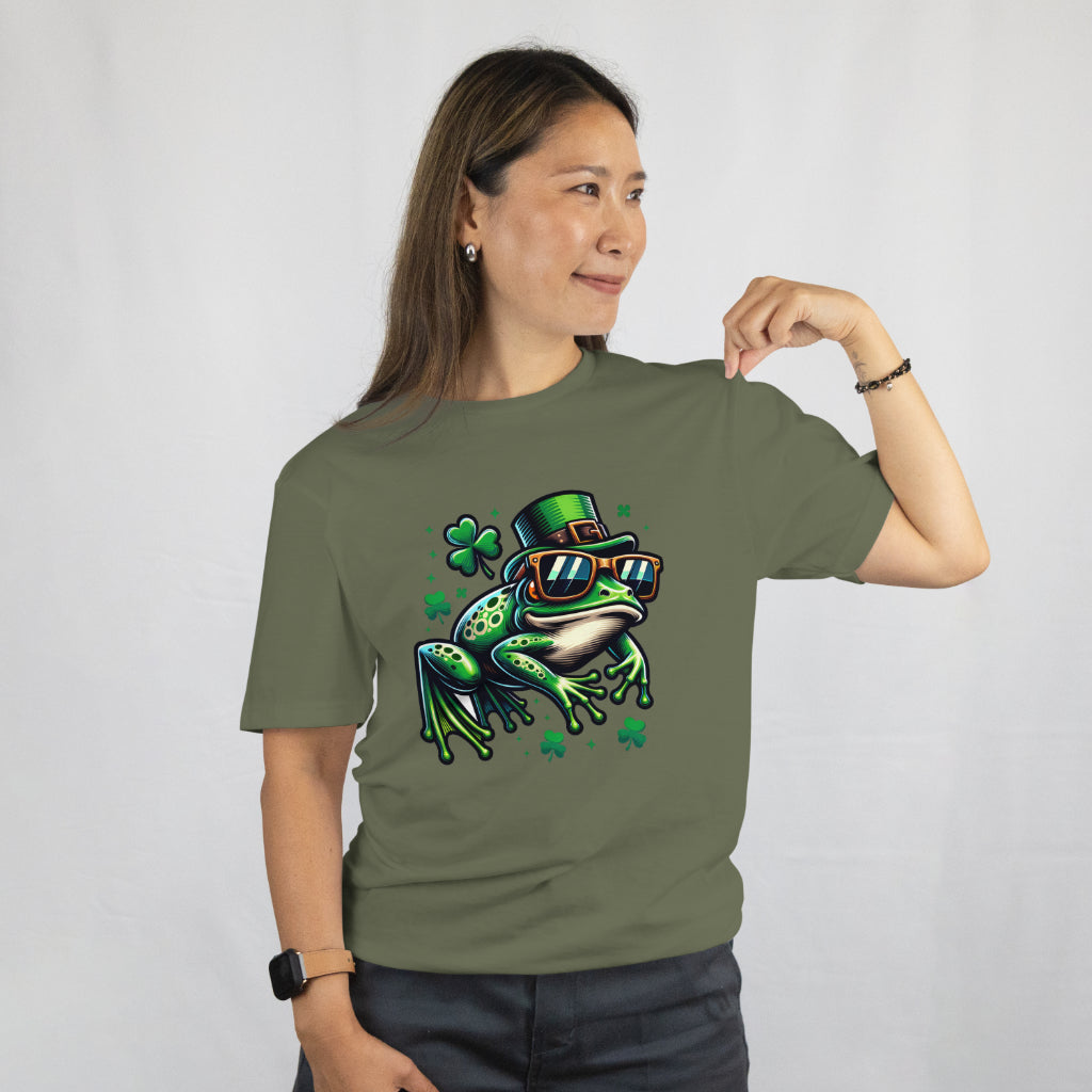 St. Patrick's Day Frog with Sunglasses Tee - Irish Clover Lucky Cat Shirt - Funny Green Frog T-Shirt - Printed in USA