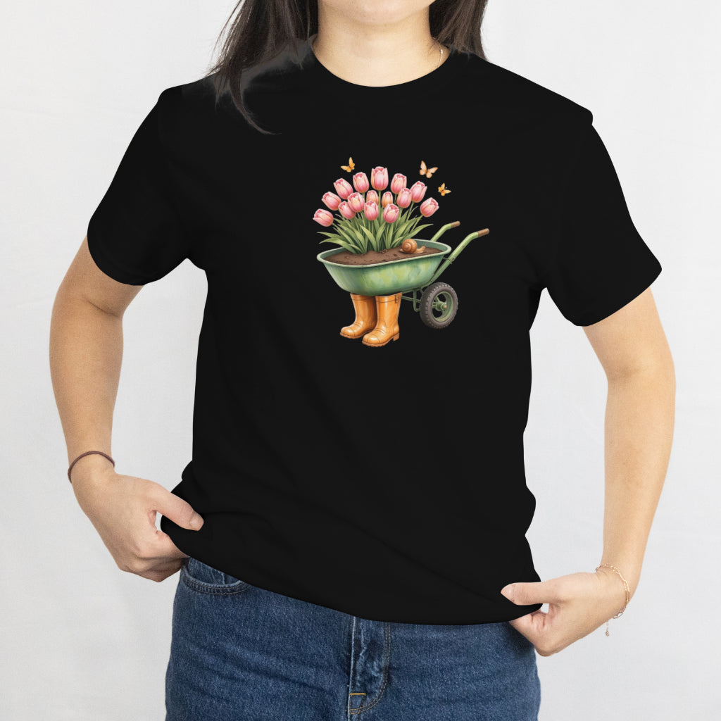 Tulips in Wheelbarrow with Boots T-Shirt - Cute Gardening Floral Tee for Plant Lovers