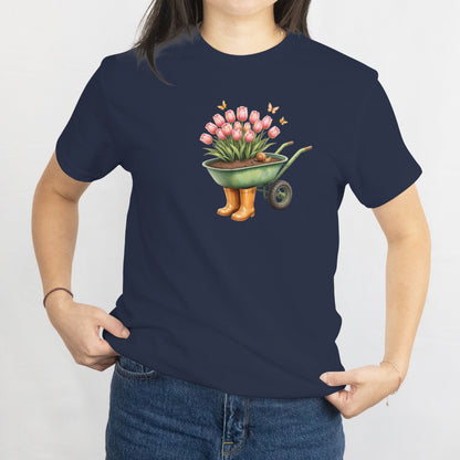 Tulips in Wheelbarrow with Boots T-Shirt - Cute Gardening Floral Tee for Plant Lovers