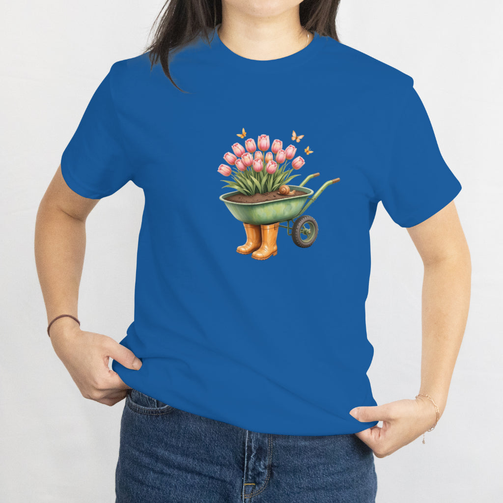 Tulips in Wheelbarrow with Boots T-Shirt - Cute Gardening Floral Tee for Plant Lovers