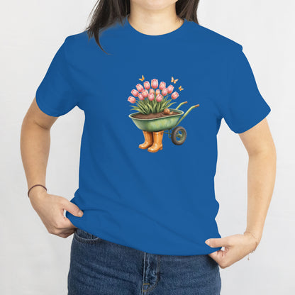 Tulips in Wheelbarrow with Boots T-Shirt - Cute Gardening Floral Tee for Plant Lovers