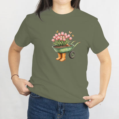 Tulips in Wheelbarrow with Boots T-Shirt - Cute Gardening Floral Tee for Plant Lovers