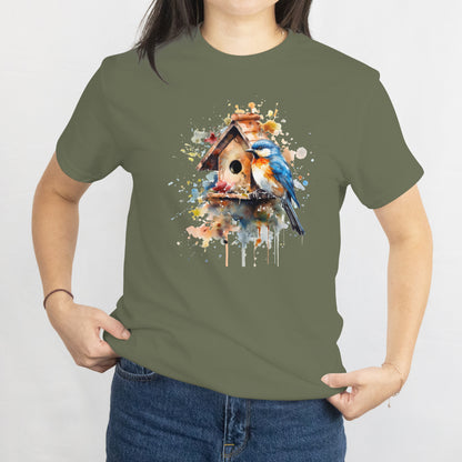 Watercolor Birdhouse Unisex Tee – Artistic Nature Design