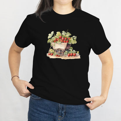 Strawberry Plants in Vintage Wheelbarrow T-Shirt - Cute Gardening Tee for Plant Lovers, Farmer Gift, Spring Floral Outfit