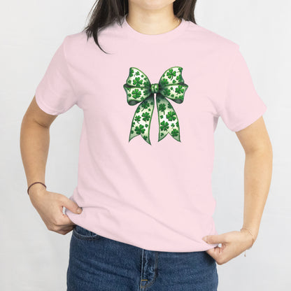 Retro Coquette Bow St. Patrick’s Day Unisex Tee – Lucky Clover Vintage Shirt