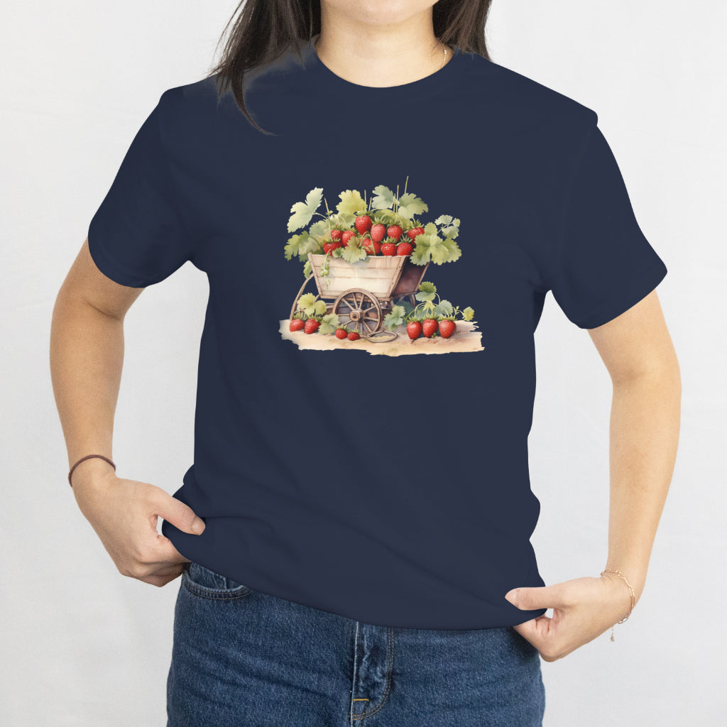 Strawberry Plants in Vintage Wheelbarrow T-Shirt - Cute Gardening Tee for Plant Lovers, Farmer Gift, Spring Floral Outfit