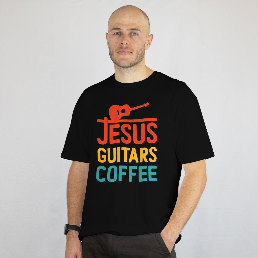 Jesus Guitars Coffee Funny Music T-Shirt - Christian Guitarist Unisex Tee - Music Lover Gift - Printed in USA