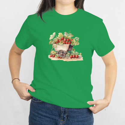 Strawberry Plants in Vintage Wheelbarrow T-Shirt - Cute Gardening Tee for Plant Lovers, Farmer Gift, Spring Floral Outfit