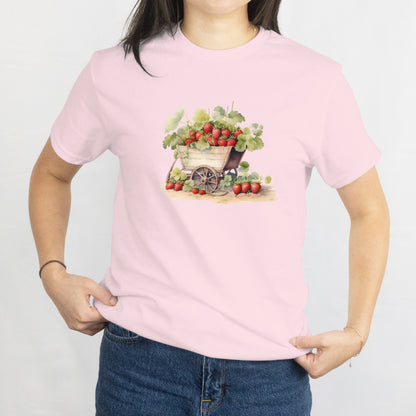 Strawberry Plants in Vintage Wheelbarrow T-Shirt - Cute Gardening Tee for Plant Lovers, Farmer Gift, Spring Floral Outfit