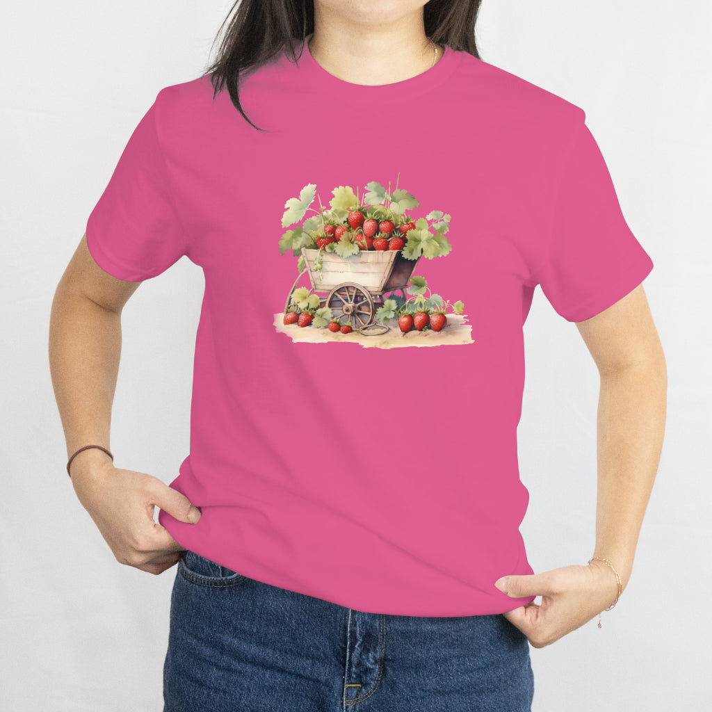 Strawberry Plants in Vintage Wheelbarrow T-Shirt - Cute Gardening Tee for Plant Lovers, Farmer Gift, Spring Floral Outfit