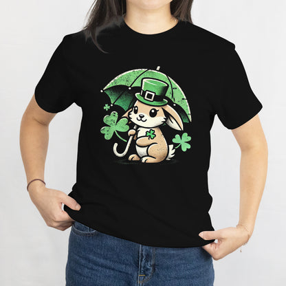 Rabbit with Shamrock Umbrella T-Shirt - Cute St. Patrick’s Day Bunny Tee, Lucky Clover Irish Gift, Adorable Green Holiday Shirt