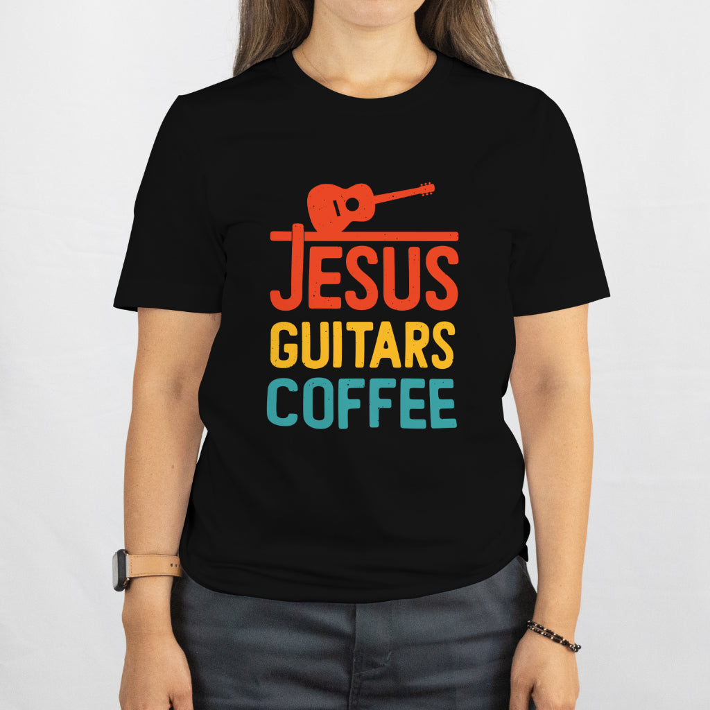 Jesus Guitars Coffee Funny Music T-Shirt - Christian Guitarist Unisex Tee - Music Lover Gift - Printed in USA