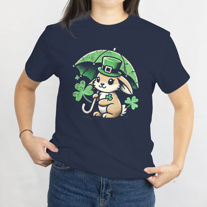 Rabbit with Shamrock Umbrella T-Shirt - Cute St. Patrick’s Day Bunny Tee, Lucky Clover Irish Gift, Adorable Green Holiday Shirt