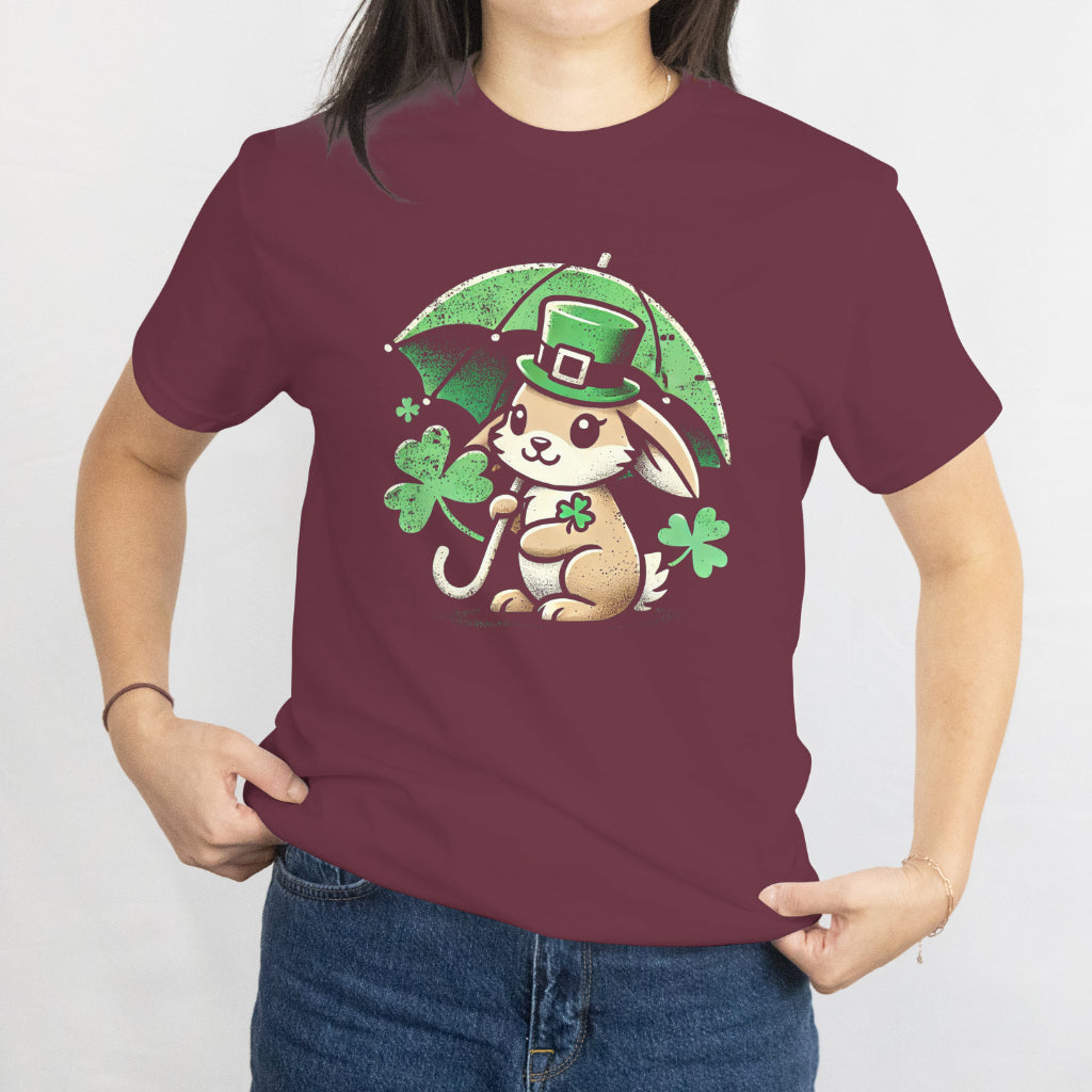 Rabbit with Shamrock Umbrella T-Shirt - Cute St. Patrick’s Day Bunny Tee, Lucky Clover Irish Gift, Adorable Green Holiday Shirt