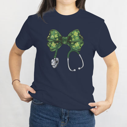 St. Patrick’s Day Nurse Unisex Tee – Cute Coquette Bow Lucky Clover Shirt