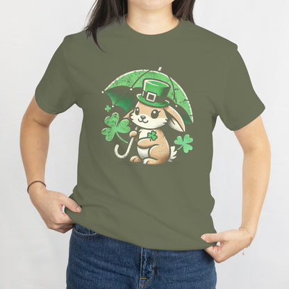 Rabbit with Shamrock Umbrella T-Shirt - Cute St. Patrick’s Day Bunny Tee, Lucky Clover Irish Gift, Adorable Green Holiday Shirt