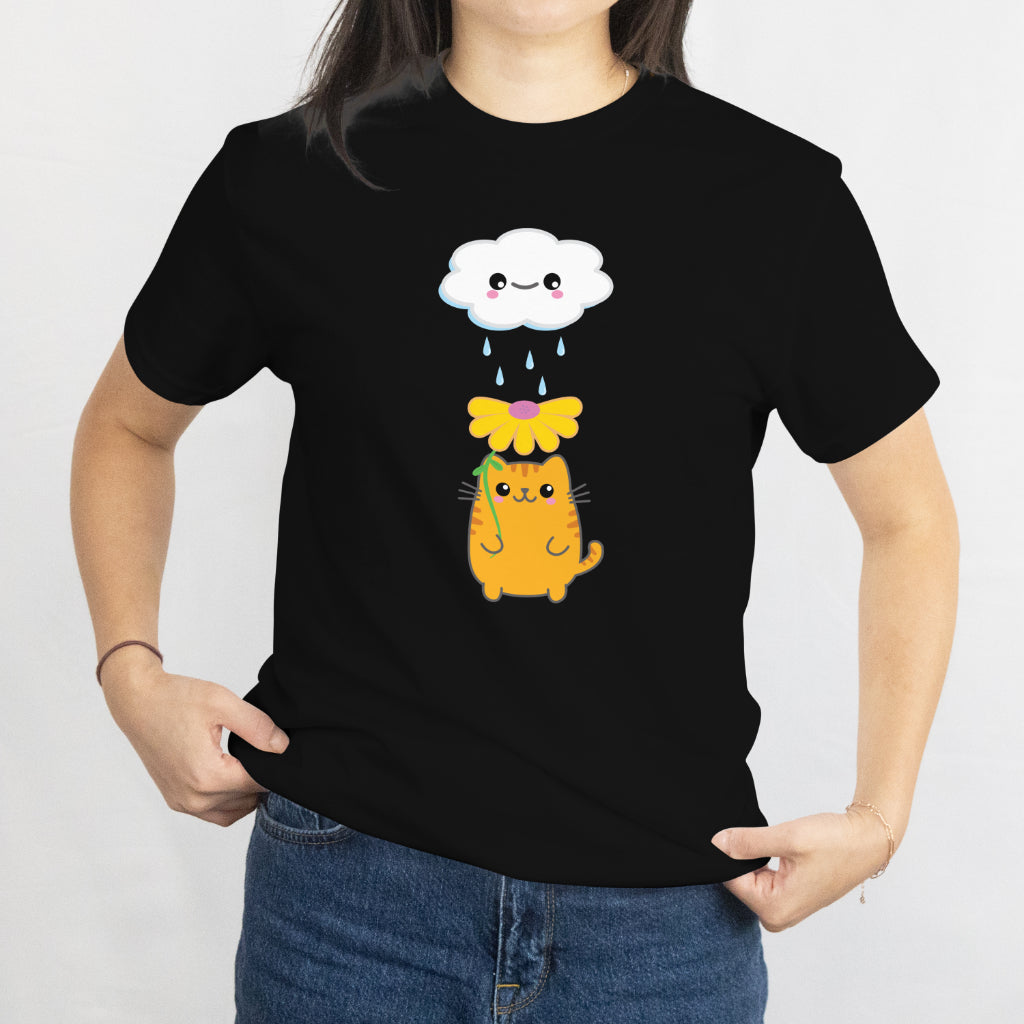 Kawaii Cat with Flower Umbrella & Rain Cloud T-Shirt - Cute Aesthetic Kitty Tee, Cozy Weather Lover Gift, Pastel Cartoon Cat Shirt