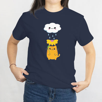 Kawaii Cat with Flower Umbrella & Rain Cloud T-Shirt - Cute Aesthetic Kitty Tee, Cozy Weather Lover Gift, Pastel Cartoon Cat Shirt