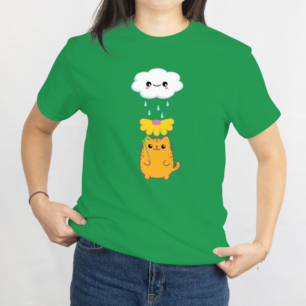 Kawaii Cat with Flower Umbrella & Rain Cloud T-Shirt - Cute Aesthetic Kitty Tee, Cozy Weather Lover Gift, Pastel Cartoon Cat Shirt