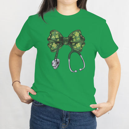 St. Patrick’s Day Nurse Unisex Tee – Cute Coquette Bow Lucky Clover Shirt