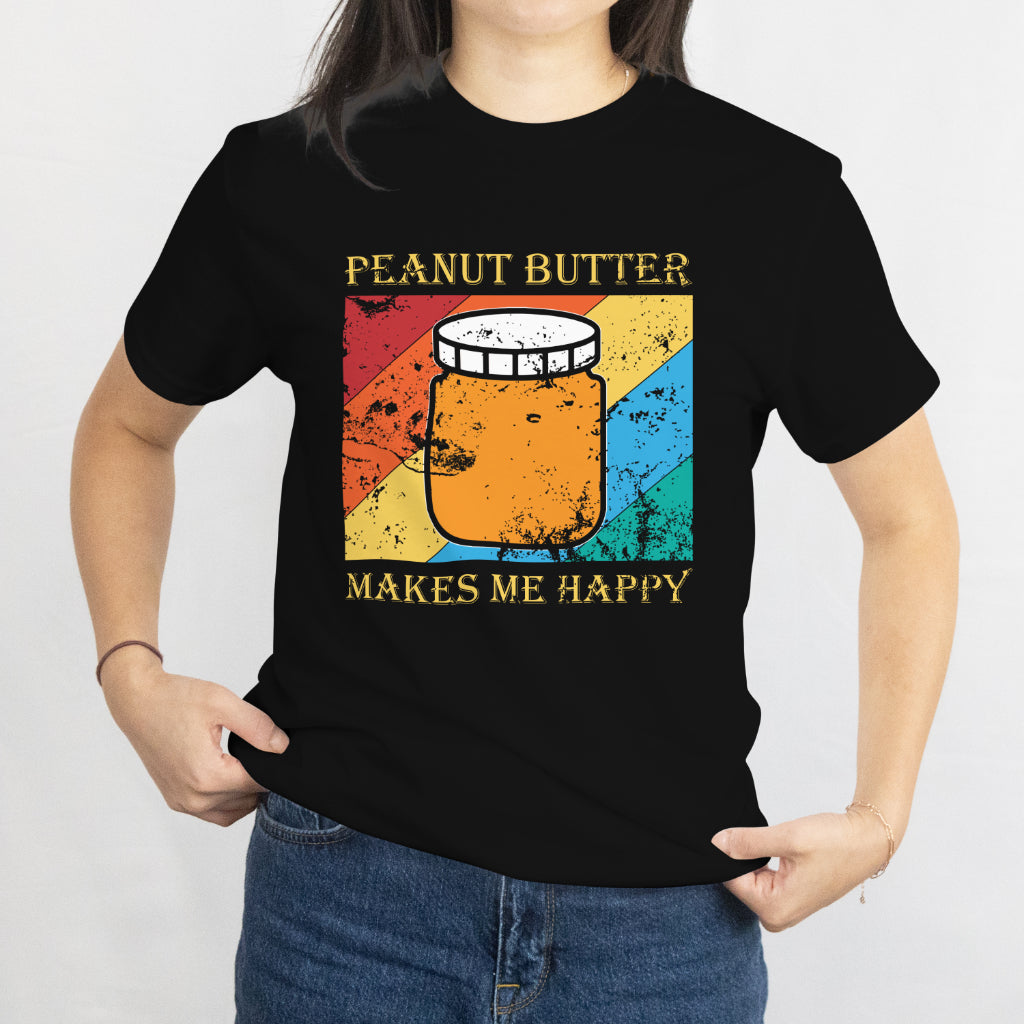 Peanut Butter Makes Me Happy T-Shirt - Retro Style Foodie Lover Tee, Funny Snack Shirt, Printed in USA