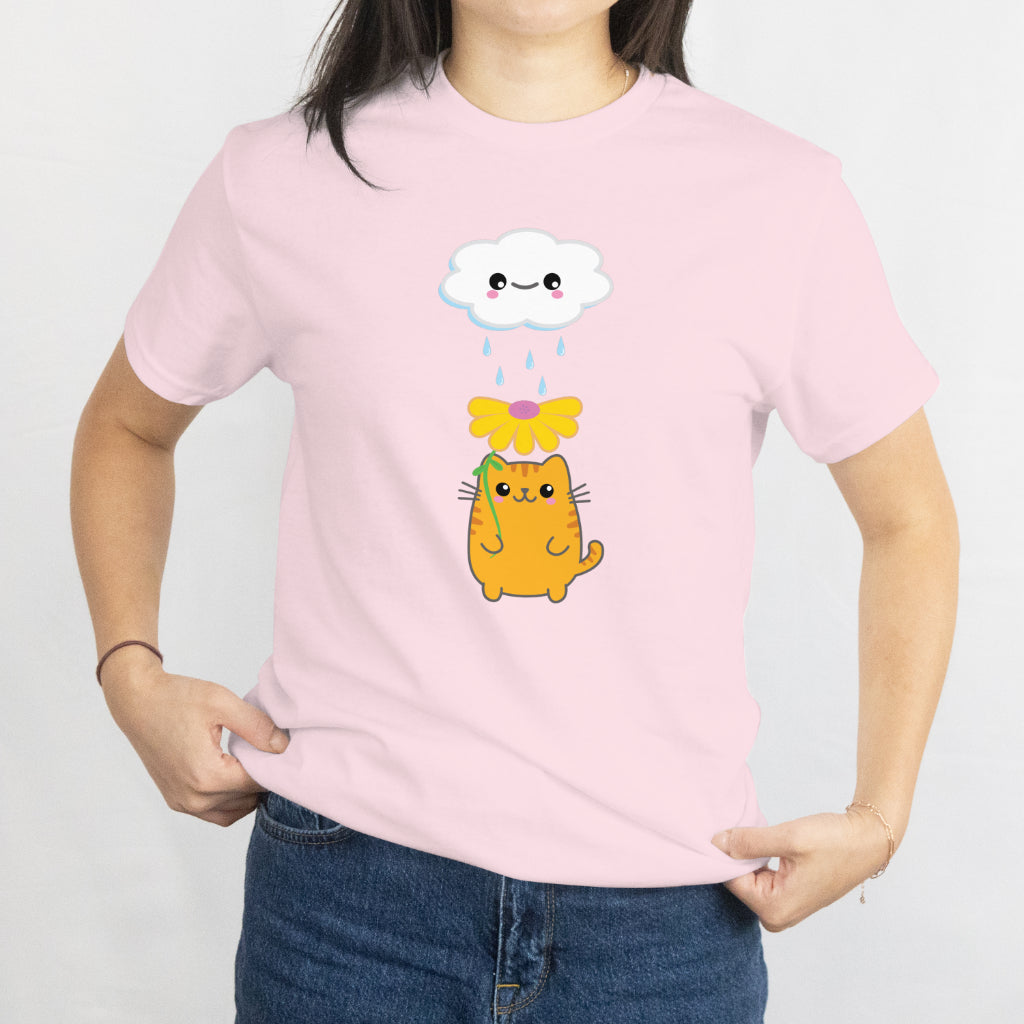 Kawaii Cat with Flower Umbrella & Rain Cloud T-Shirt - Cute Aesthetic Kitty Tee, Cozy Weather Lover Gift, Pastel Cartoon Cat Shirt