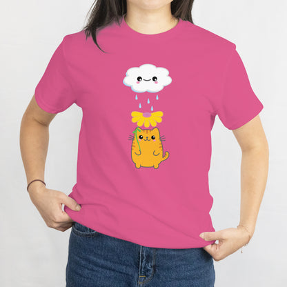 Kawaii Cat with Flower Umbrella & Rain Cloud T-Shirt - Cute Aesthetic Kitty Tee, Cozy Weather Lover Gift, Pastel Cartoon Cat Shirt