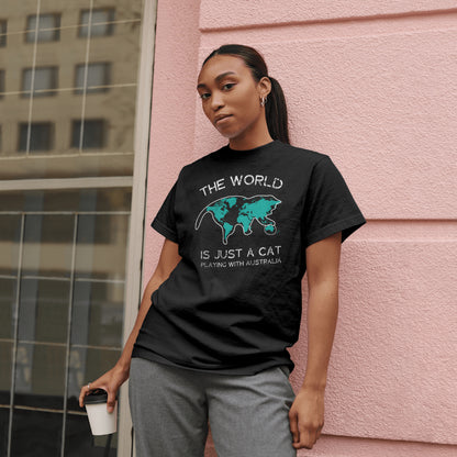 The World is Just a Cat Playing with Australia T-Shirt – Funny Earth & Cat Lover Tee – Printed in USA