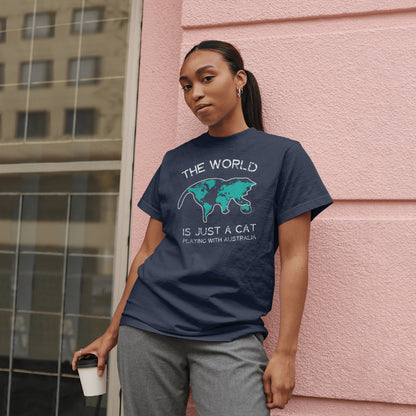 The World is Just a Cat Playing with Australia T-Shirt – Funny Earth & Cat Lover Tee – Printed in USA