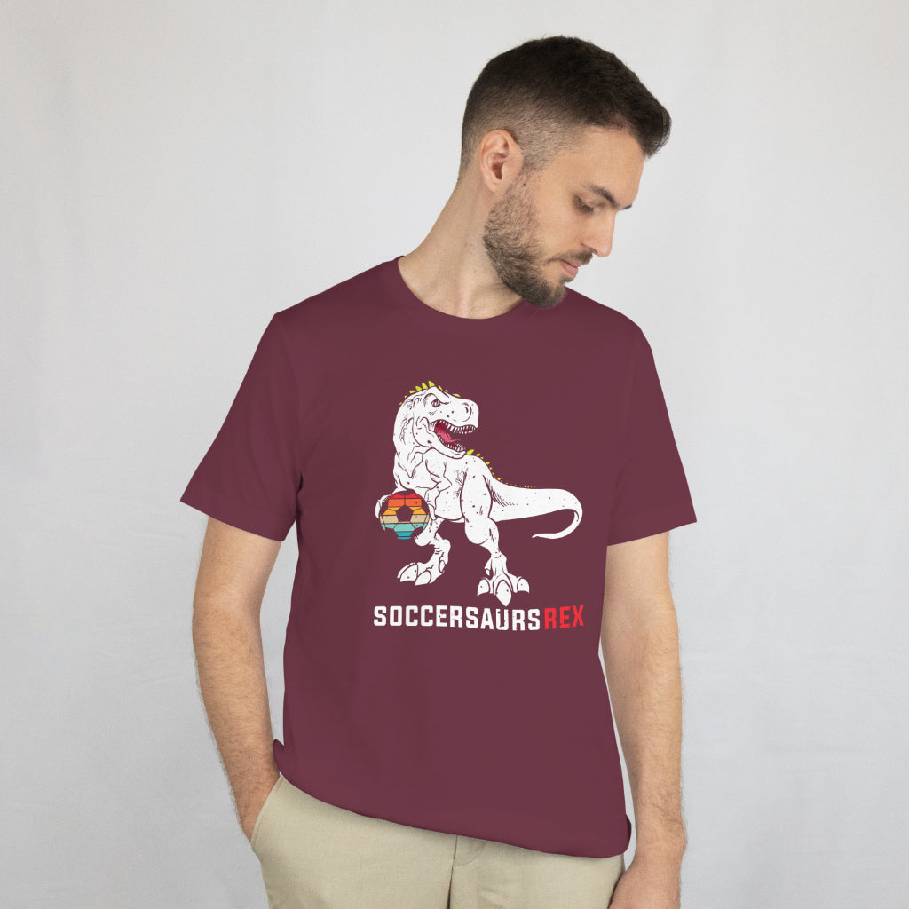 Soccersaurus Rex Shirt - Funny Soccer Dinosaur Tee - Cute Soccer Boy Gift - T-Rex Sports T-Shirt - Unisex Tee