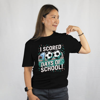 I Scored 100 Days of School Shirt - Funny Soccer Teacher Tee - 100th Day Celebration - Kids Soccer Gift - Unisex Tee