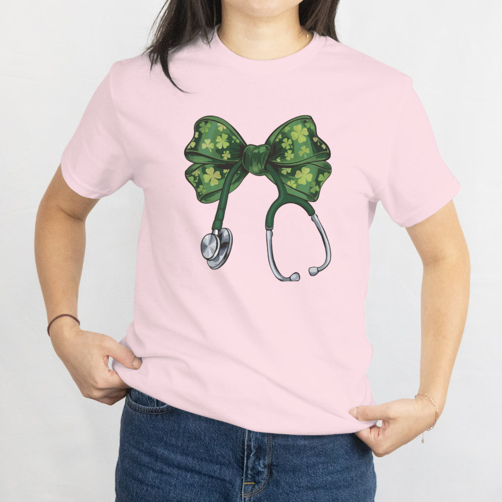 St. Patrick’s Day Nurse Unisex Tee – Cute Coquette Bow Lucky Clover Shirt