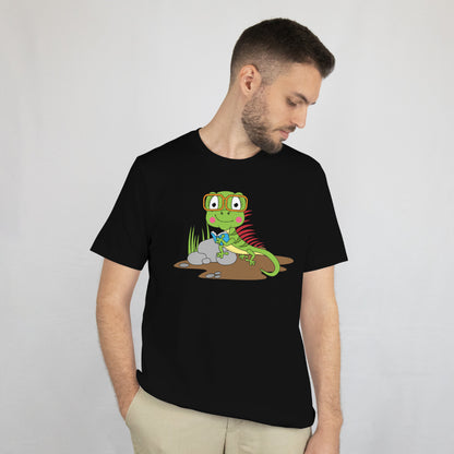 Cute Iguana Reading Shirt - Funny Reptile Lover Tee - Cartoon Lizard Book Graphic Unisex Tee