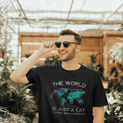 The World is Just a Cat Playing with Australia T-Shirt – Funny Earth & Cat Lover Tee – Printed in USA