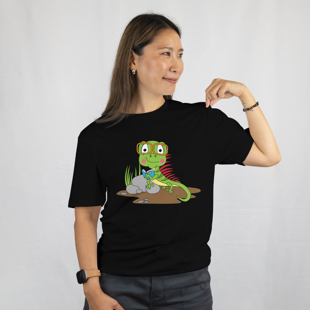 Cute Iguana Reading Shirt - Funny Reptile Lover Tee - Cartoon Lizard Book Graphic Unisex Tee