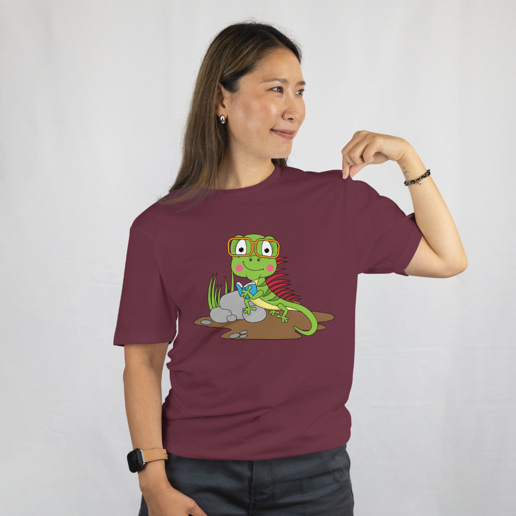 Cute Iguana Reading Shirt - Funny Reptile Lover Tee - Cartoon Lizard Book Graphic Unisex Tee