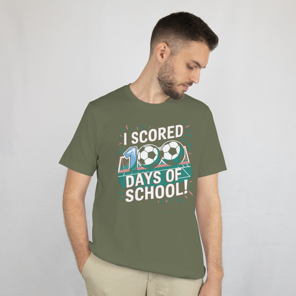 I Scored 100 Days of School Shirt - Funny Soccer Teacher Tee - 100th Day Celebration - Kids Soccer Gift - Unisex Tee