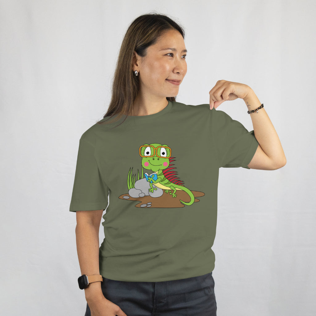 Cute Iguana Reading Shirt - Funny Reptile Lover Tee - Cartoon Lizard Book Graphic Unisex Tee