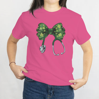 St. Patrick’s Day Nurse Unisex Tee – Cute Coquette Bow Lucky Clover Shirt