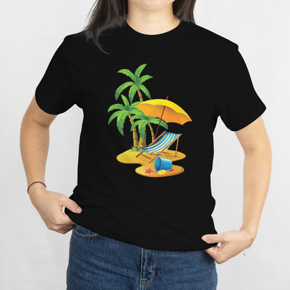 Beach Scene T-Shirt - Relaxing Chair & Umbrella Coastal Summer Graphic Tee, Vacation Beach Lover Gift