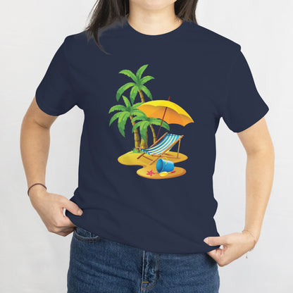 Beach Scene T-Shirt - Relaxing Chair & Umbrella Coastal Summer Graphic Tee, Vacation Beach Lover Gift