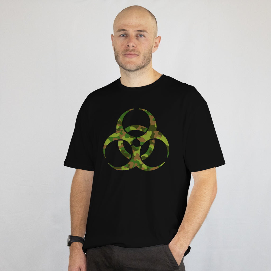 Biohazard Symbol Camouflage T-Shirt. Tactical Hazard Warning Unisex Tee