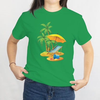 Beach Scene T-Shirt - Relaxing Chair & Umbrella Coastal Summer Graphic Tee, Vacation Beach Lover Gift